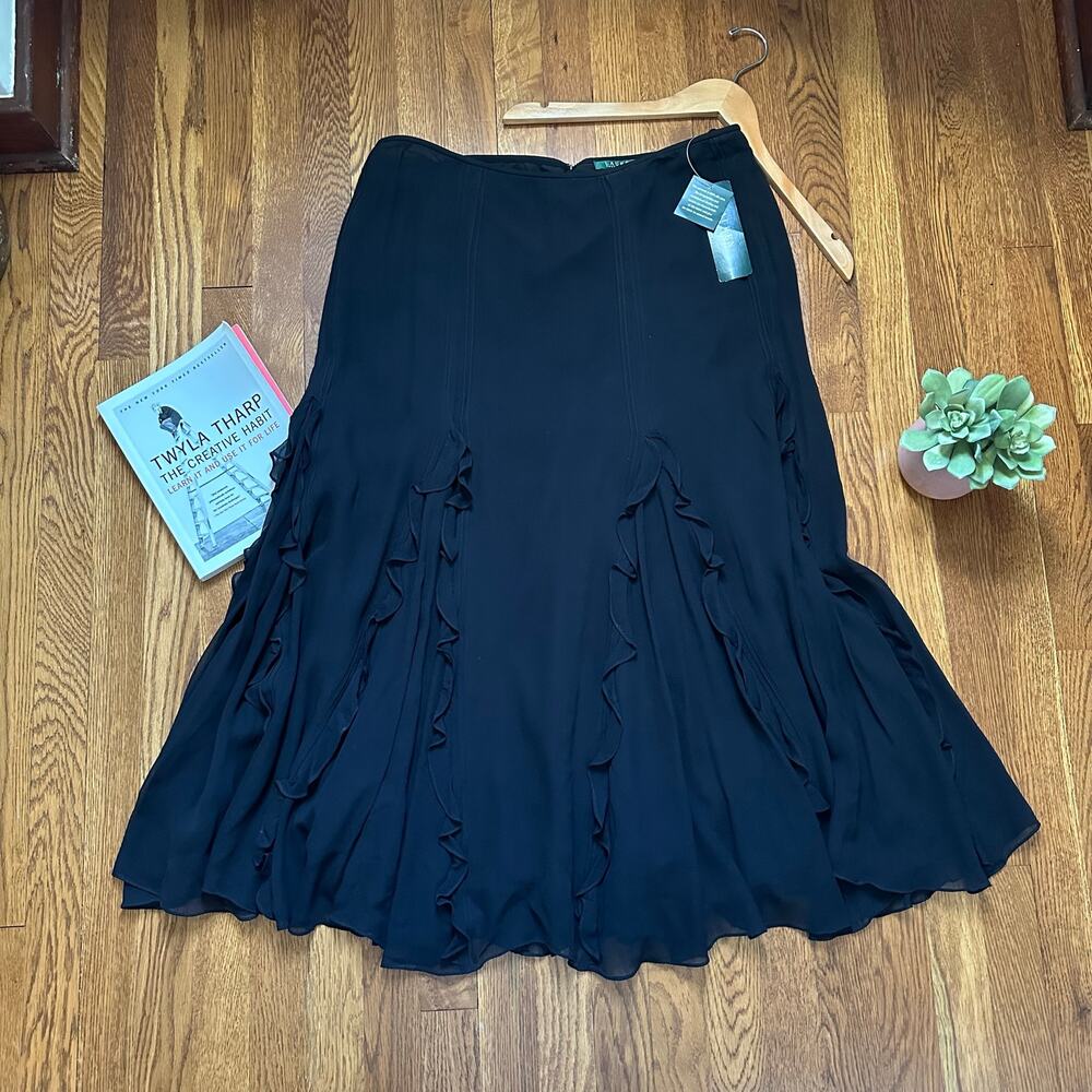 Lauren Ralph Lauren Black Silk A-Line Ruffle Midi Skirt